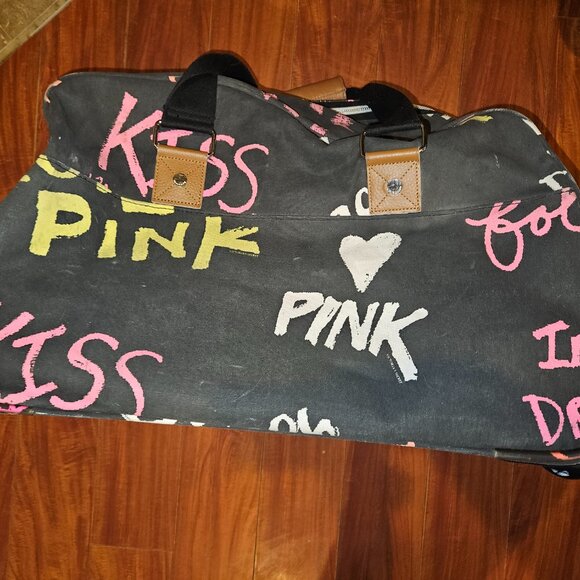 Victoria Secret PINK Black Graffiti Rolling Suitcase Duffle Bag - Picture 10 of 13